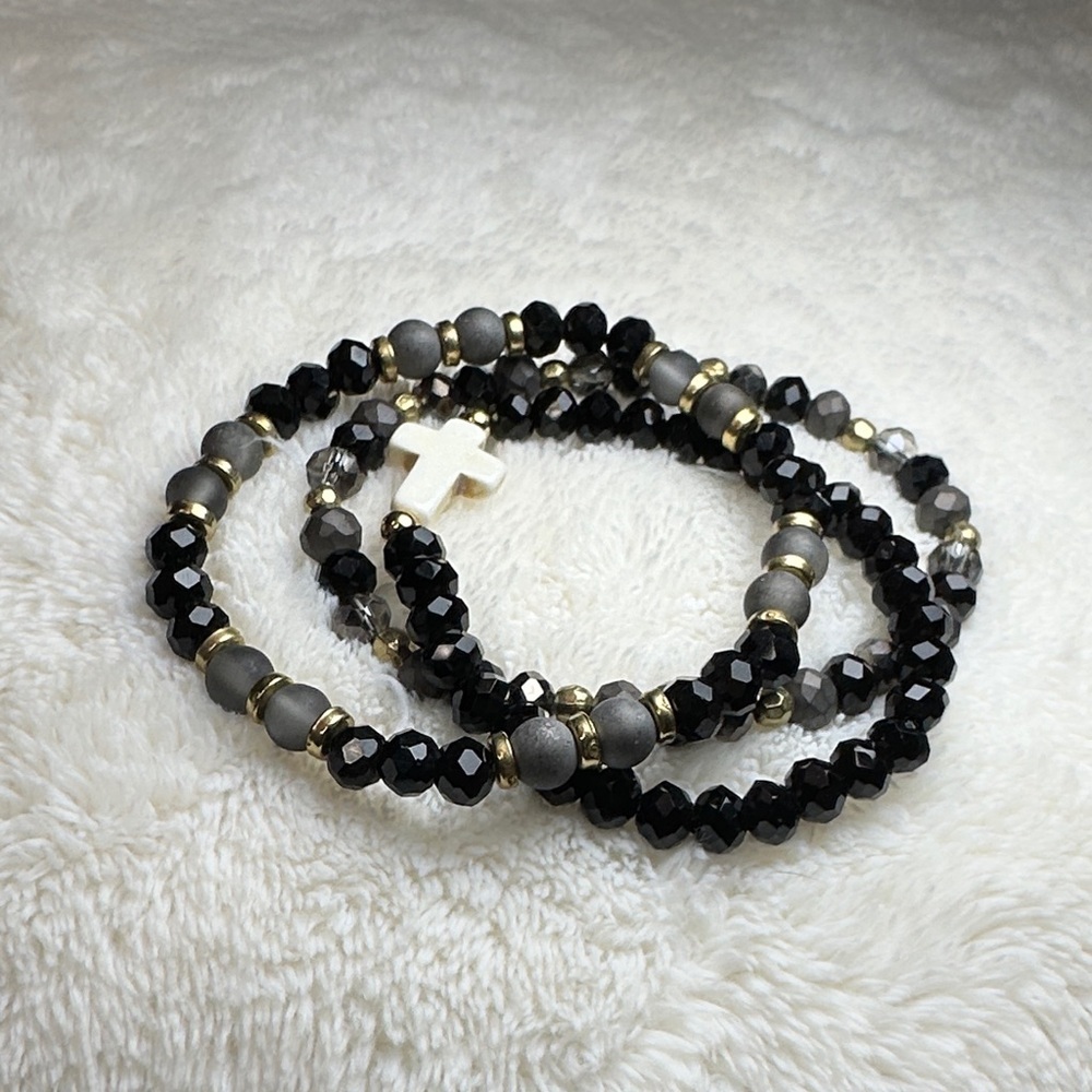 Beaded Bracelet Set of 3 w/Cross Charm on Black & Mirrored Grey & Gold Tone NWOT